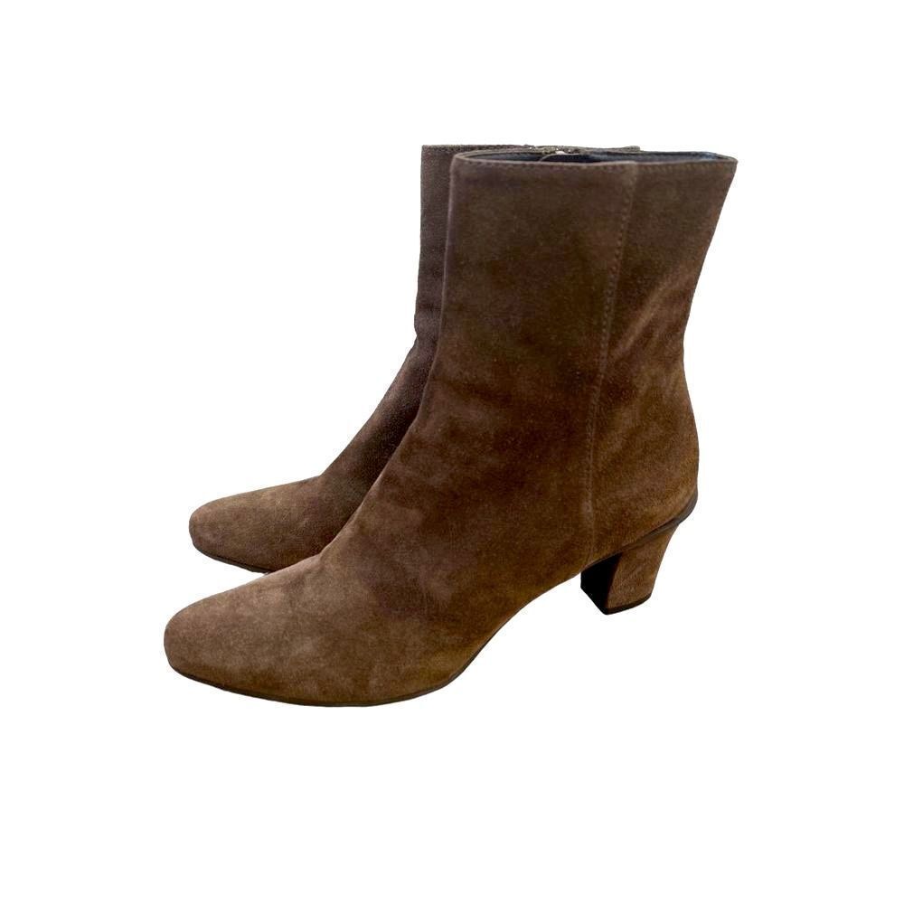 Prada Suede Almond Toe Mid Heel Ankle Boots Womens Brown Size 36